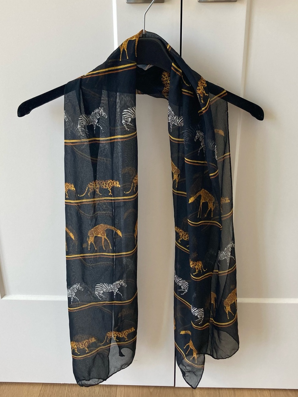 Black Sheer Scarf with Gold and White Safari Animal Print